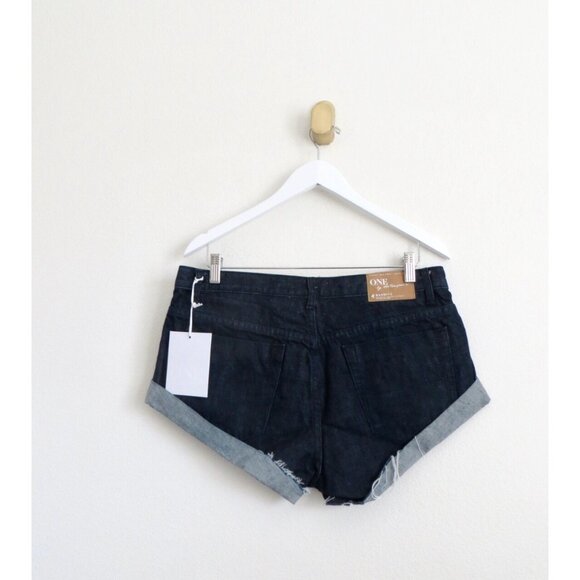 NEW! One By One Teaspoon Shorts Bandits Twisted Cuff Hem High Rise Dark Wash 30 - Picture 2 of 6
